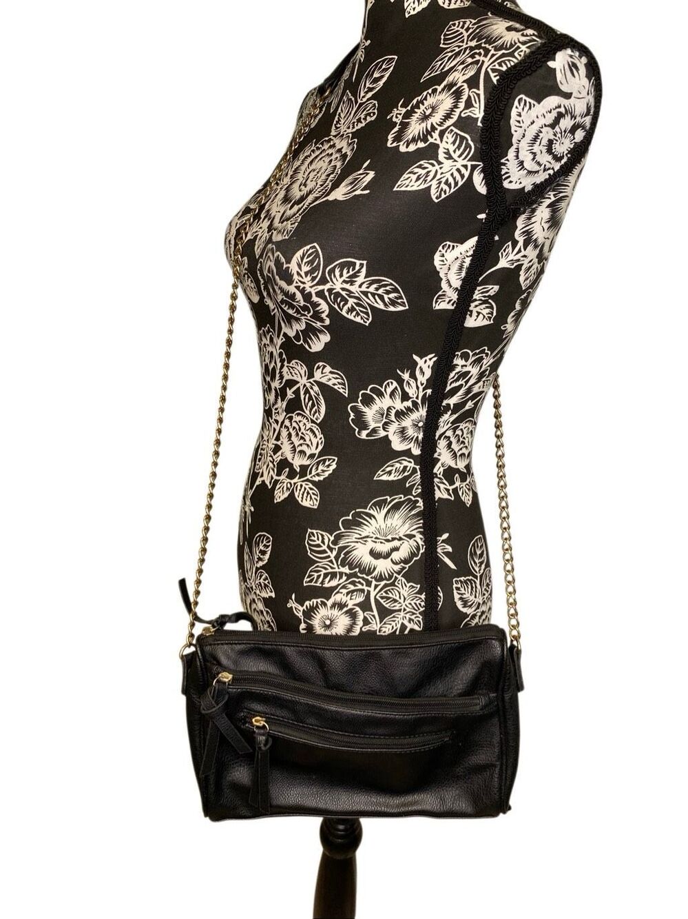 Black Triple Zip Crossbody Bag Gold Chain Strap Everyday Shoulder Purse Travel - Picture 1 of 14